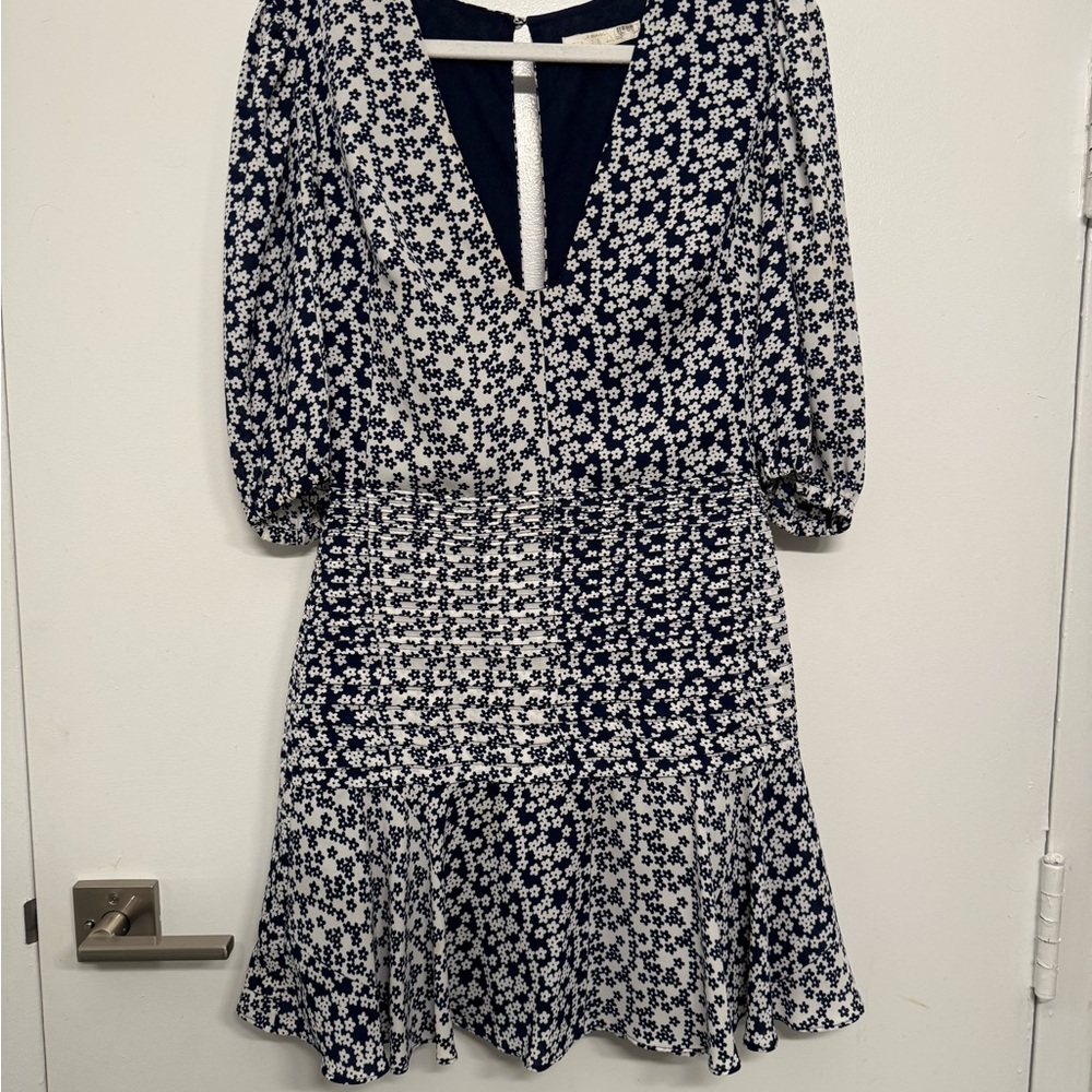 Chic Floral Long Sleeve Dress - Navy and White